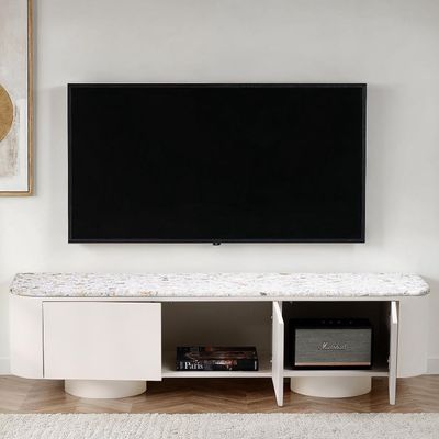 Meadow Terrazzo Top TV Unit – Luxury Modern Media Cabinet with Curved Design & Seamless Storage