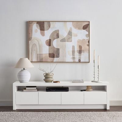 Horizon TV Unit – Elegant Modern Entertainment Console with Drawers & Open Shelves for Living Rooms (White)
