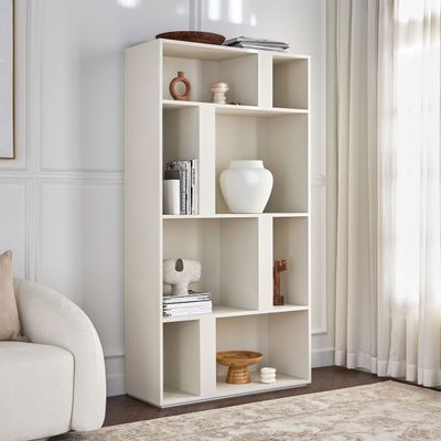 Balance Display Unit – Modern Wooden Shelf Cabinet with Unique Compartments for Living Room Décor (White)