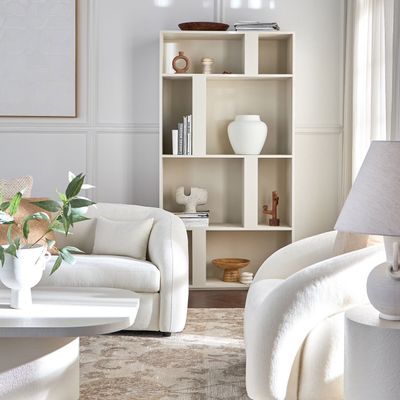 Balance Display Unit – Modern Wooden Shelf Cabinet with Unique Compartments for Living Room Décor (White)