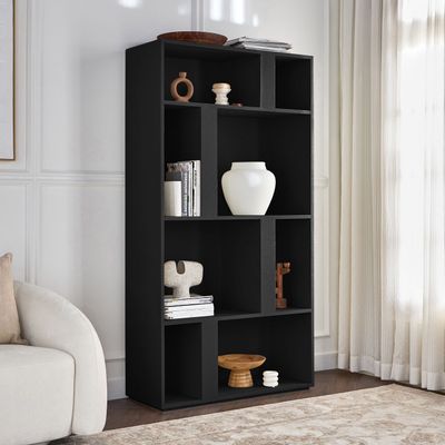 Balance Display Unit – Modern Wooden Shelf Cabinet with Unique Compartments for Living Room Décor (Black)