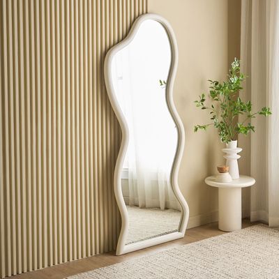 Cloudy Floor Mirror – Modern Leaner Mirror with Elegant MDF Frame | Luxury Full-Length Wall Mirror (Beige)
