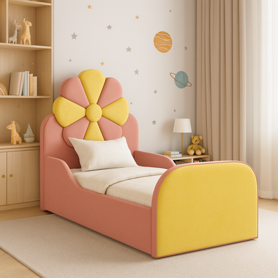 Coral & Yellow Kids Flower Bed Modern Upholstered Bed with Safety Sides
