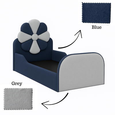 Blue & Grey Kids Flower Bed Modern Bed with Safety Sides In Soft Fabric