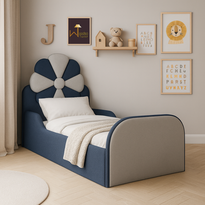 Blue & Grey Kids Flower Bed Modern Bed with Safety Sides In Soft Fabric