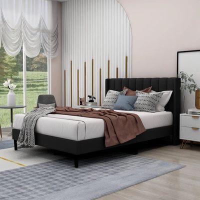 Modern Rectangular Velvet Upholstery Bed with Soft Wingback Headboard Black (Super King)