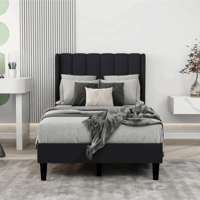 Modern Rectangular Velvet Upholstery Bed with Soft Wingback Headboard Black (Super King)