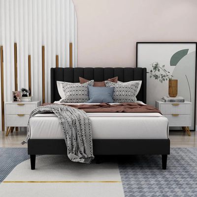 Modern Rectangular Velvet Upholstery Bed with Soft Wingback Headboard Black (Super King)