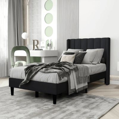 Modern Rectangular Velvet Upholstery Bed with Soft Wingback Headboard Black (Super King)