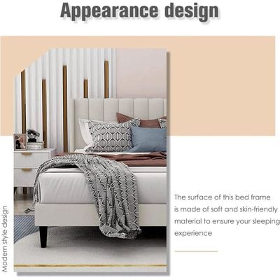 Modern Rectangular Velvet Upholstery Bed with Soft Wingback Headboard Beige (Twin)