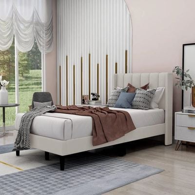Modern Rectangular Velvet Upholstery Bed with Soft Wingback Headboard Beige (Twin)