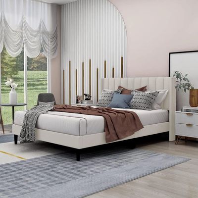 Modern Rectangular Velvet Upholstery Bed with Soft Wingback Headboard Beige (Queen)