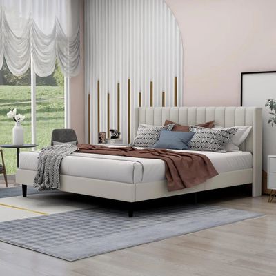 Modern Rectangular Velvet Upholstery Bed with Soft Wingback Headboard Beige (King)