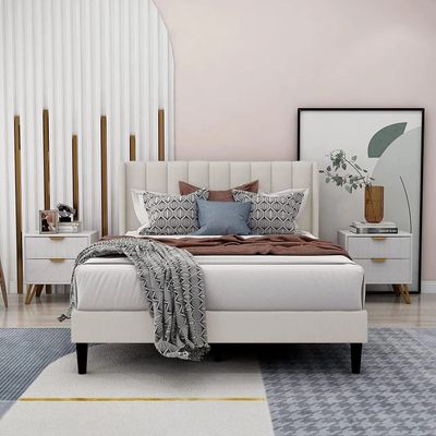Modern Rectangular Velvet Upholstery Bed with Soft Wingback Headboard Beige (Super King)