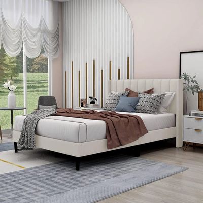 Modern Rectangular Velvet Upholstery Bed with Soft Wingback Headboard Beige (Super King)