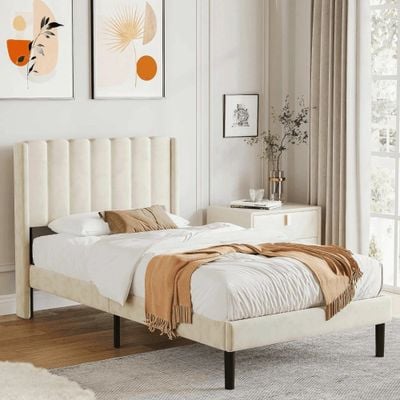 Modern Rectangular Velvet Upholstery Bed with Soft Wingback Headboard Cream (Twin)
