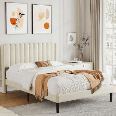 Modern Rectangular Velvet Upholstery Bed with Soft Wingback Headboard Cream (Twin)