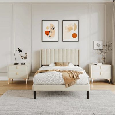 Modern Rectangular Velvet Upholstery Bed with Soft Wingback Headboard Cream (King)