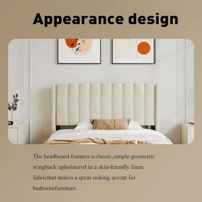 Modern Rectangular Velvet Upholstery Bed with Soft Wingback Headboard Cream (Super King)
