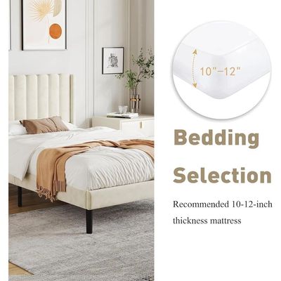 Modern Rectangular Velvet Upholstery Bed with Soft Wingback Headboard Cream (Super King)