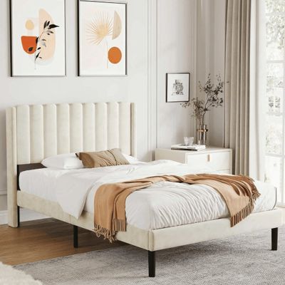 Modern Rectangular Velvet Upholstery Bed with Soft Wingback Headboard Cream (Super King)