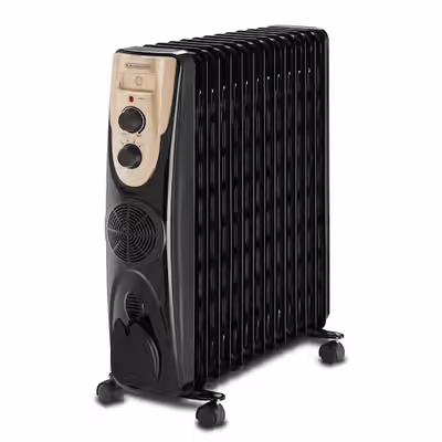 BLACK+DECKER Oil Radiator, 13 Fins, 2500W, Fan Forced Heating, 3-Heat Settings, 25 Sq.m Area Coverage, Thermo Control, Anti-Freeze Function, Safety Tipover Switch, Caster Wheels, Handle, Cord Wrap, Black - OR013FD-B5