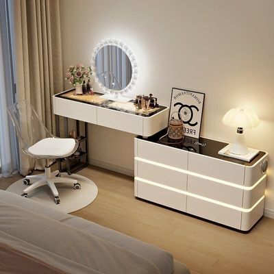 Modern Smart Vanity Table Set, Women's Makeup Dressing Table with Chair, Mirror, LED Lights, Wireless Charging, Bluetooth Speaker - White Modern Smart Vanity Table Set, Women's Makeup Dressing Table with Chair, Mirror, LED Lights, Wireless Charging, Bluetooth Speaker - White