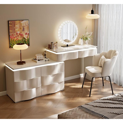 Modern White Dressing Table Set with Mirror and Chair, Wooden Finish Vanity Table 120cm Wide, Wave-Front Design