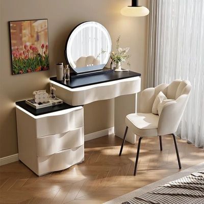 Modern Vanity Dressing Table Set with Mirror and Chair, 120 cm, Wave-Front Drawers, White and Black Makeup Table Modern Vanity Dressing Table Set with Mirror and Chair, 120 cm, Wave-Front Drawers, White and Black Makeup Table