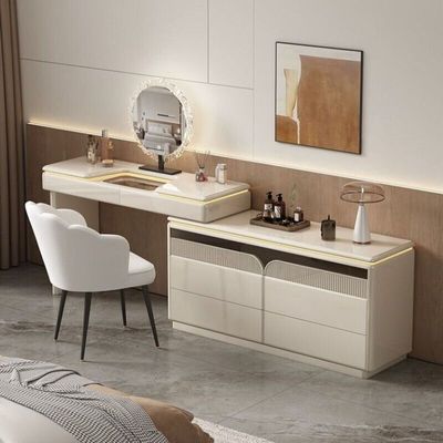 Modern Dressing Table Vanity Table, Premium Wooden Off-White Glossy Finish, 7 Storage Drawers, Compartment for Accessories and Jewelries, Women's Makeup Desk Modern Dressing Table Vanity Table, Premium Wooden Off-White Glossy Finish, 7 Storage Drawers, Compartment for Accessories and Jewelries, Women's Makeup Desk