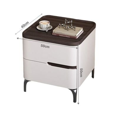 Modern Bedside Table with Storage Drawers, Wooden Top, White and Dark Brown Bedroom Nightstand Table 50cm Width.