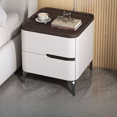 Modern Bedside Table with Storage Drawers, Wooden Top, White and Dark Brown Bedroom Nightstand Table 50cm Width.