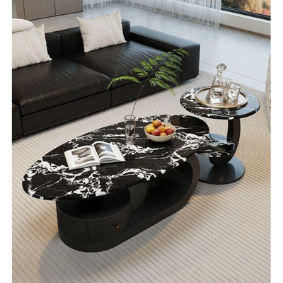 Microlite Oval Nesting Coffee Table Set, Black Metal Base with Marble Top, Modern Living Room Centre Tables.
