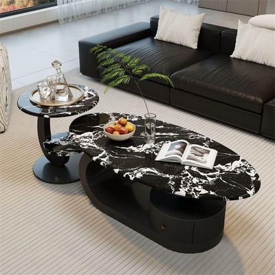 Microlite Oval Nesting Coffee Table Set, Black Metal Base with Marble Top, Modern Living Room Centre Tables. Microlite Oval Nesting Coffee Table Set, Black Metal Base with Marble Top, Modern Living Room Centre Tables.