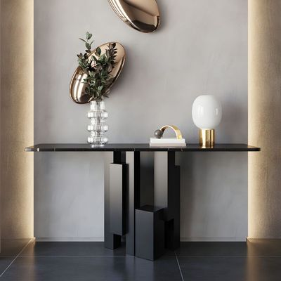 Black Console Table with Stone Top, Rectangular Entrance Table Abstract Metal Base 120cm Wide, Contemporary Design.