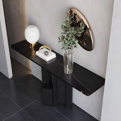 Black Console Table with Stone Top, Rectangular Entrance Table Abstract Metal Base 120cm Wide, Contemporary Design.