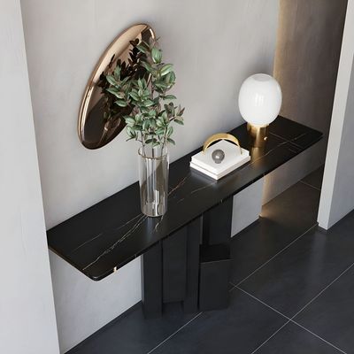 Black Console Table with Stone Top, Rectangular Entrance Table Abstract Metal Base 120cm Wide, Contemporary Design.