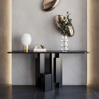 Black Console Table with Stone Top, Rectangular Entrance Table Abstract Metal Base 120cm Wide, Contemporary Design.