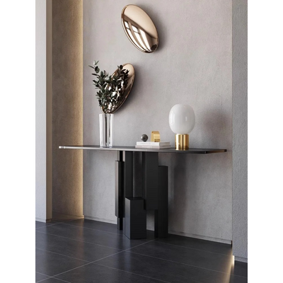 Black Console Table with Stone Top, Rectangular Entrance Table Abstract Metal Base 120cm Wide, Contemporary Design.