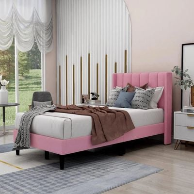 Modern Rectangular Velvet Upholstery Bed with Soft Wingback Headboard Pink (Twin)