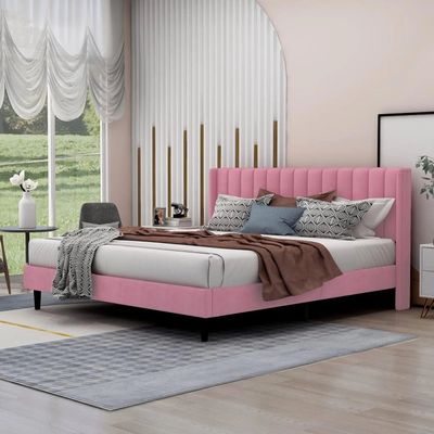 Modern Rectangular Velvet Upholstery Bed with Soft Wingback Headboard Pink (King)