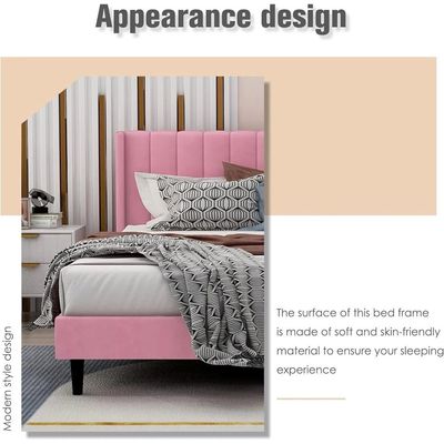 Modern Rectangular Velvet Upholstery Bed with Soft Wingback Headboard Pink (Super King)