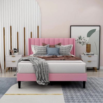 Modern Rectangular Velvet Upholstery Bed with Soft Wingback Headboard Pink (Super King)