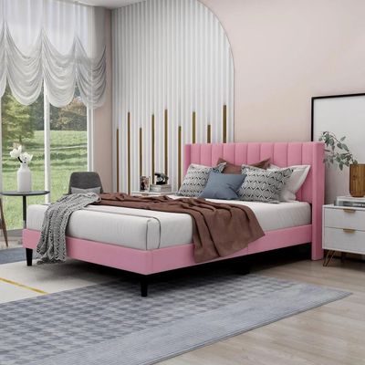 Modern Rectangular Velvet Upholstery Bed with Soft Wingback Headboard Pink (Super King)