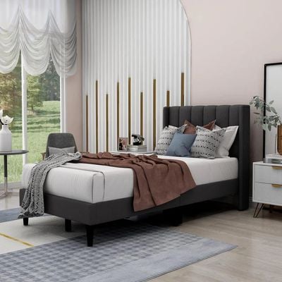 Modern Rectangular Velvet Upholstery Bed with Soft Wingback Headboard Dark Grey (Twin)