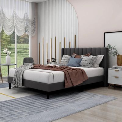 Modern Rectangular Velvet Upholstery Bed with Soft Wingback Headboard Dark Grey (Queen)