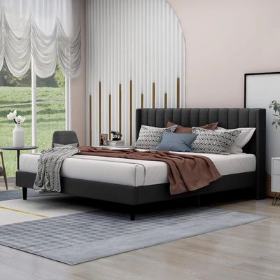 Modern Rectangular Velvet Upholstery Bed with Soft Wingback Headboard Dark Grey (King)
