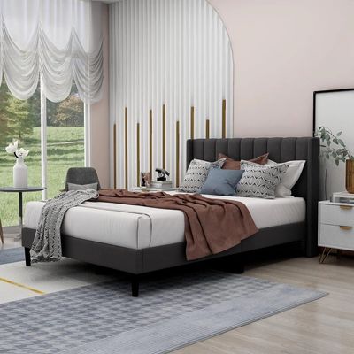 Modern Rectangular Velvet Upholstery Bed with Soft Wingback Headboard Dark Grey (Super King)