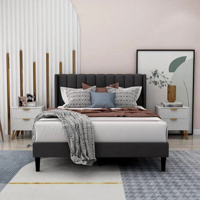 Modern Rectangular Velvet Upholstery Bed with Soft Wingback Headboard Dark Grey (Super King)