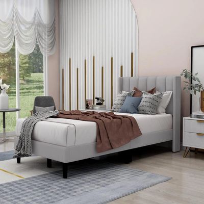 Modern Rectangular Velvet Upholstery Bed with Soft Wingback Headboard Light Grey (Twin)